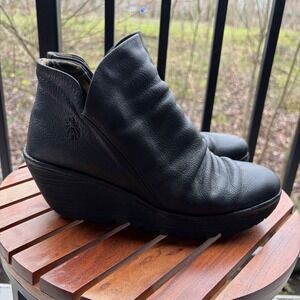 Fly London Yip Boot Black Leather Zipped Wedge Ankle Booties EU 40 US 9 9.5